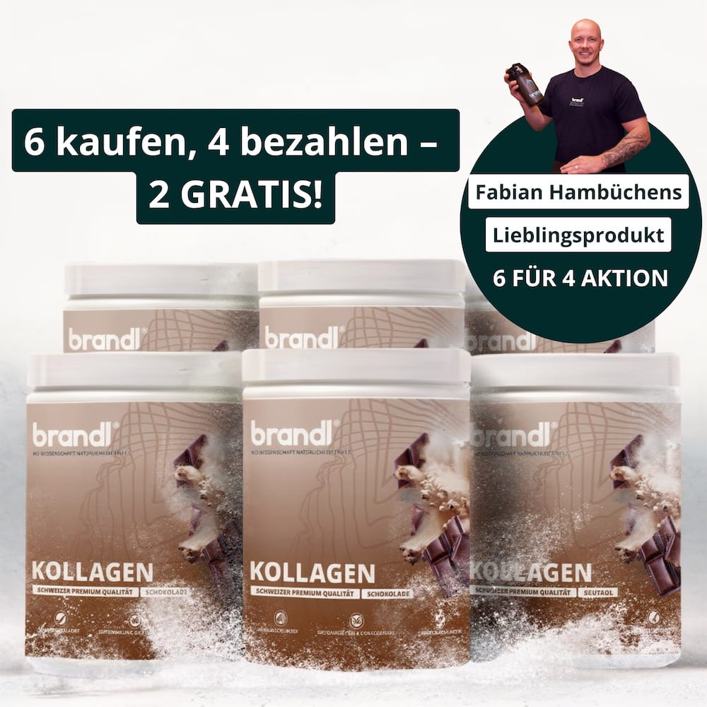 Brandl kollagen pulver schokoladengeschmack in weißen behältern mit braunen etiketten und schokoladengrafik
