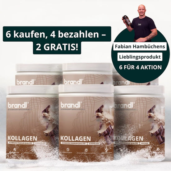 Brandl kollagen pulver schokoladengeschmack in weißen behältern mit braunen etiketten und schokoladengrafik