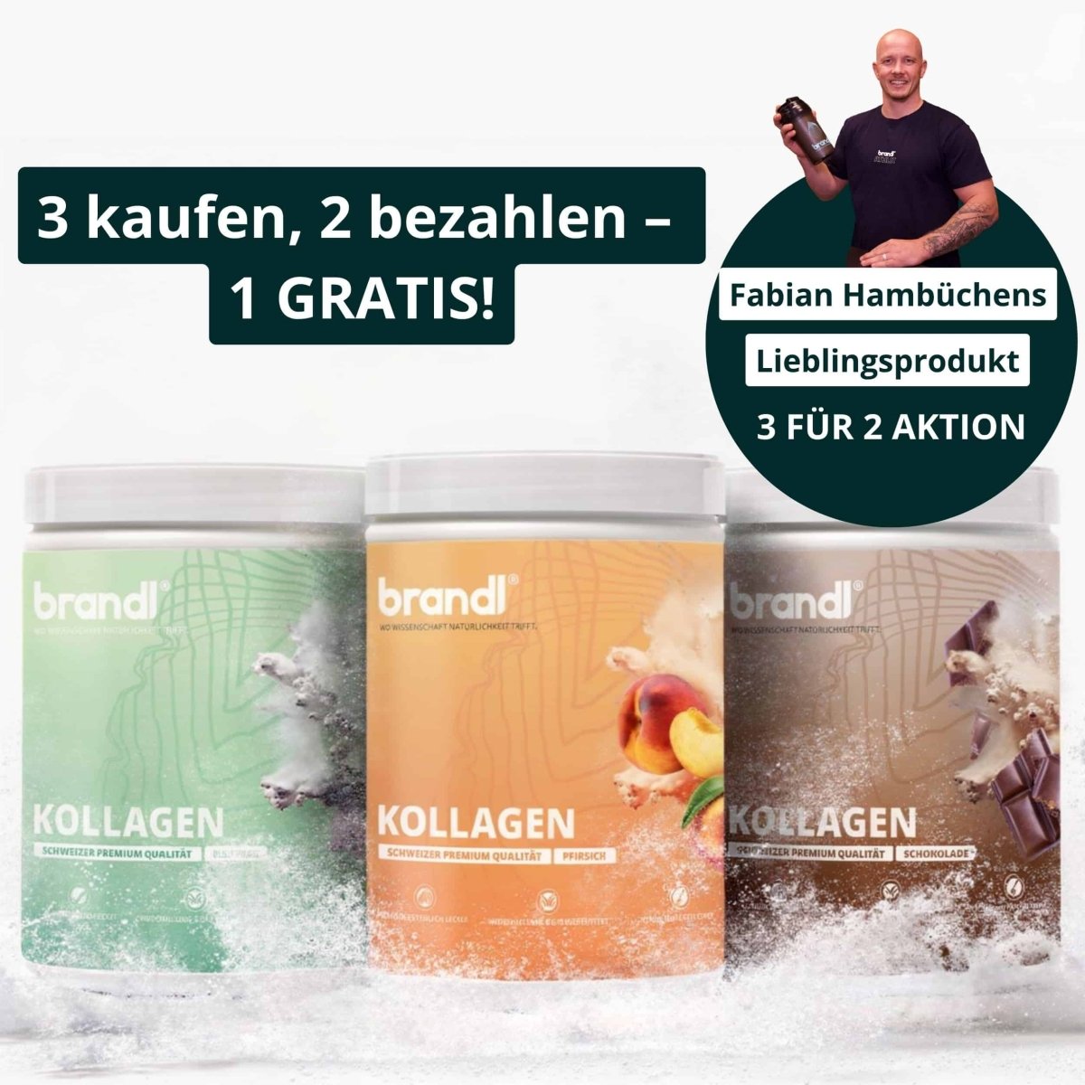 Drei zylindrische behälter mit brandi kollagen pulver in grün, orange und braun mit weißen deckeln angebot kollagen pulver