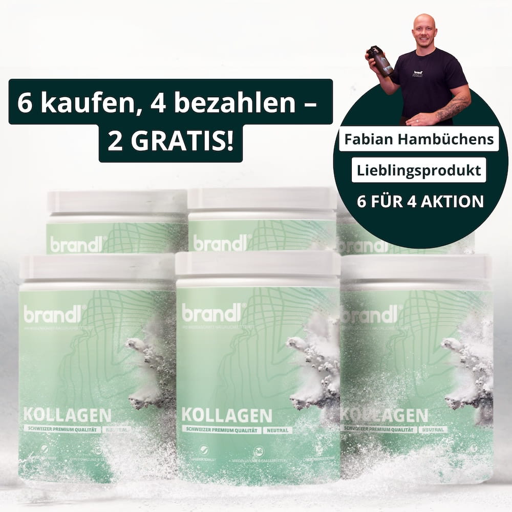 Sechs grün-weiße brandl kollagen pulver behälter mit spritzdesign im angebot