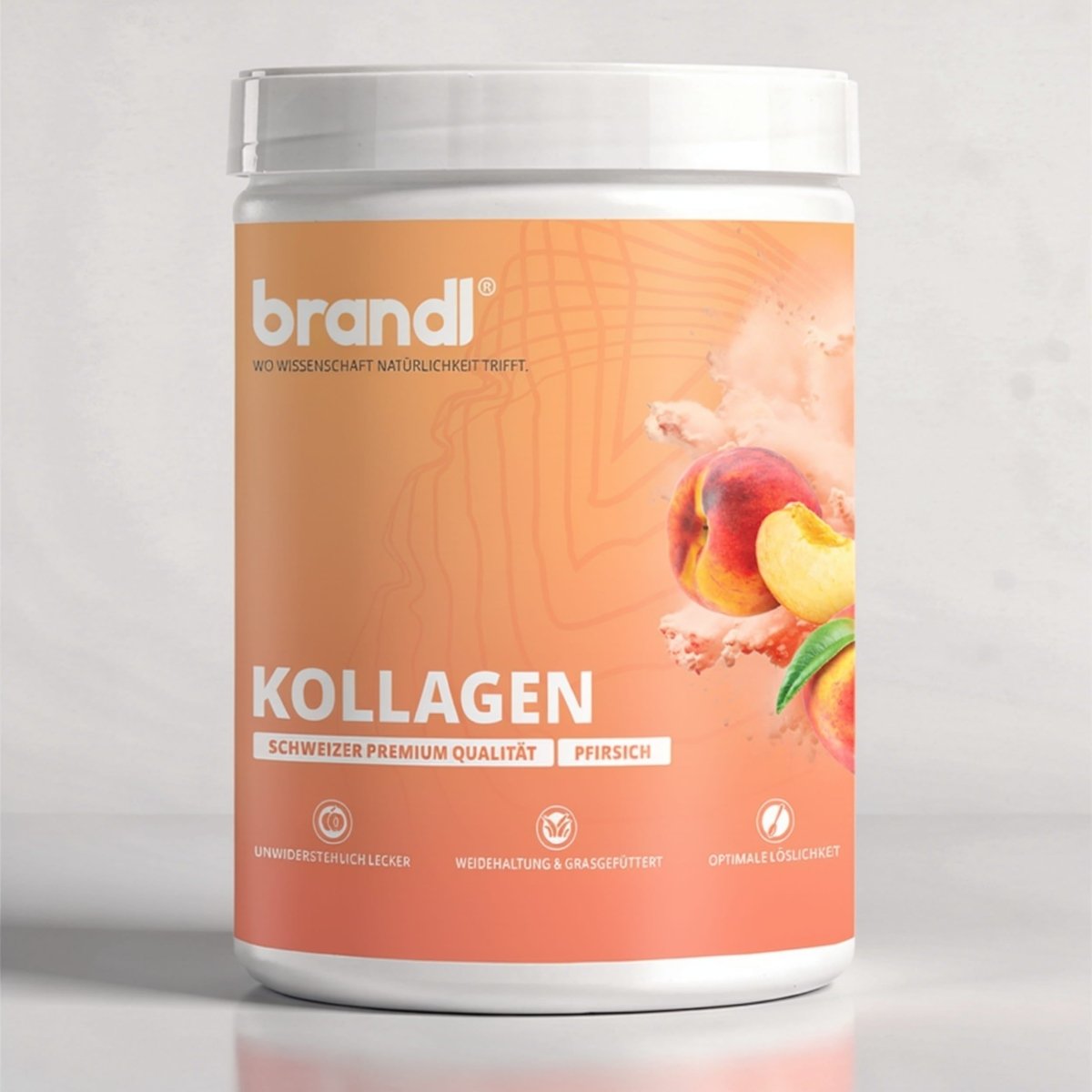 Brandi peach-flavored collagen powder in a white container with an orange label kollagen pulver angebot