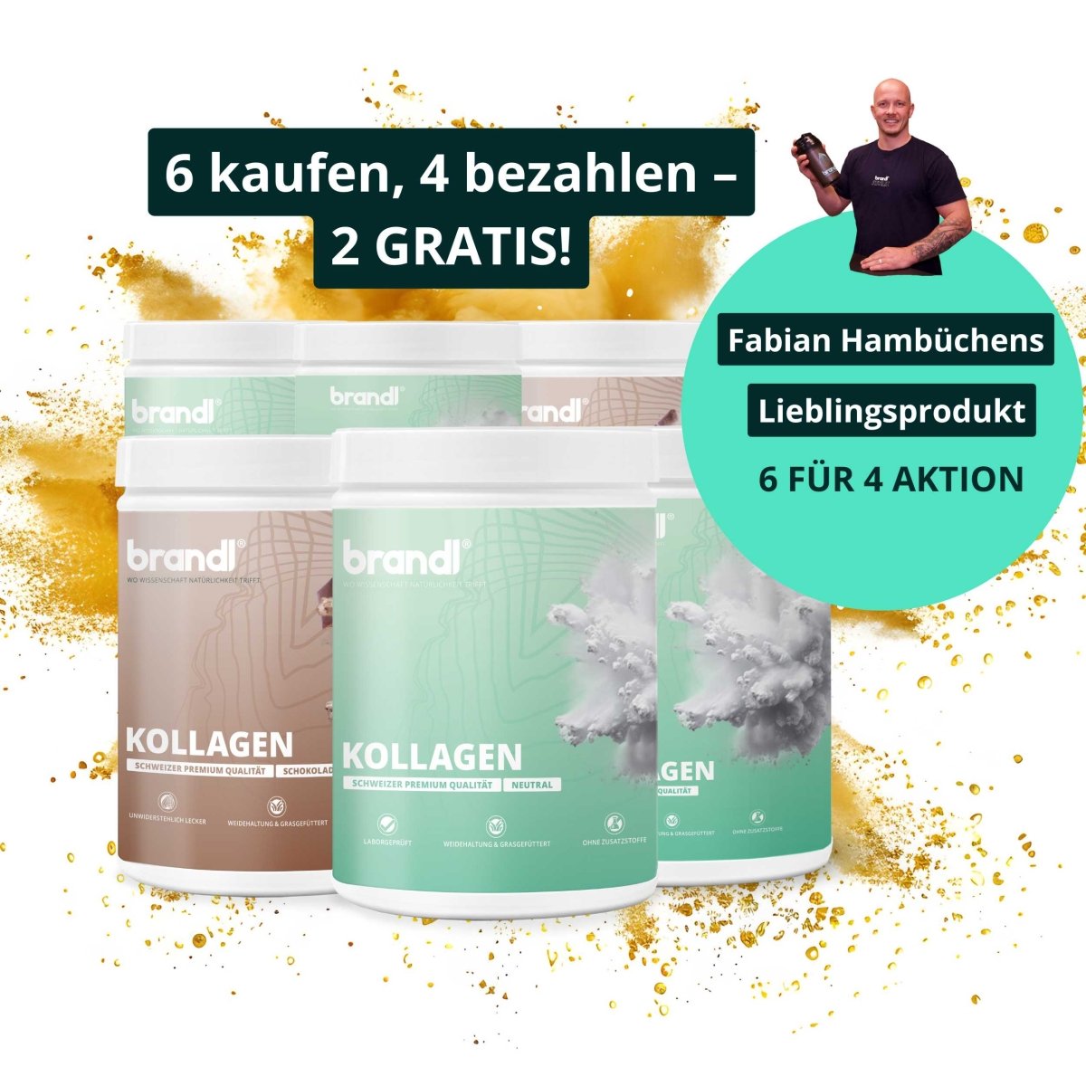 Drei weiße zylindrische behälter brandi kollagen pulver angebote mit schokoladen braun und zwei grünen neutralen etiketten