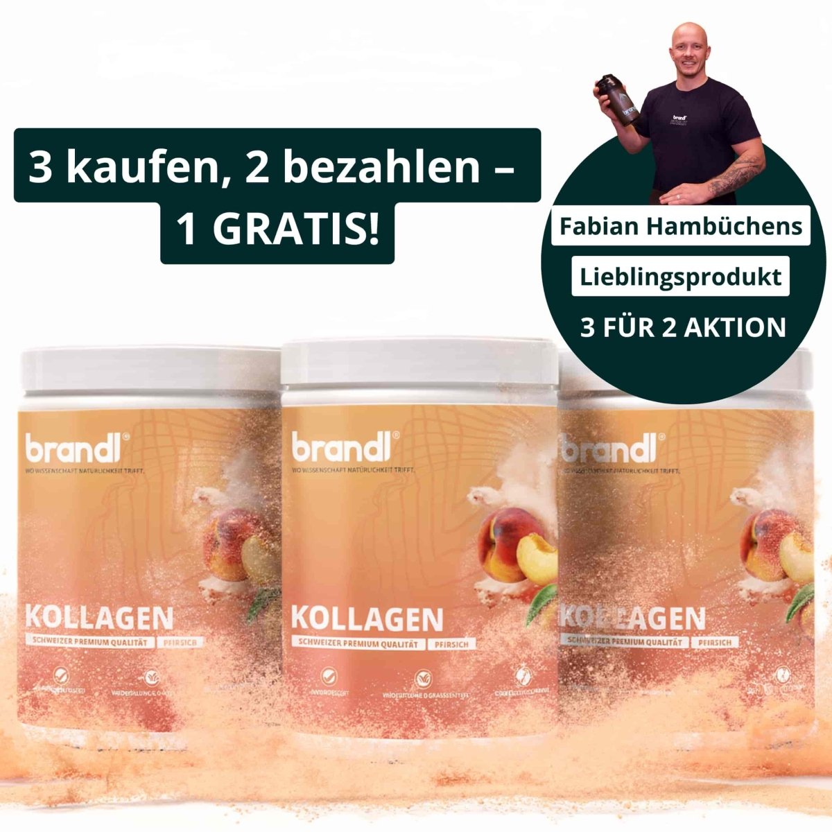 Drei orange getönte kollagen pulverbehälter mit weißen deckeln und pfirsichmotiv in angebot2 verpackung