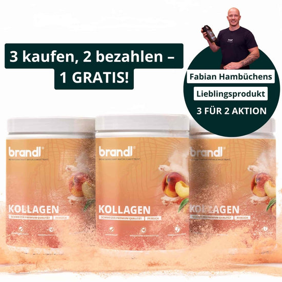 Drei orange getönte kollagen pulverbehälter mit weißen deckeln und pfirsichmotiv in angebot2 verpackung