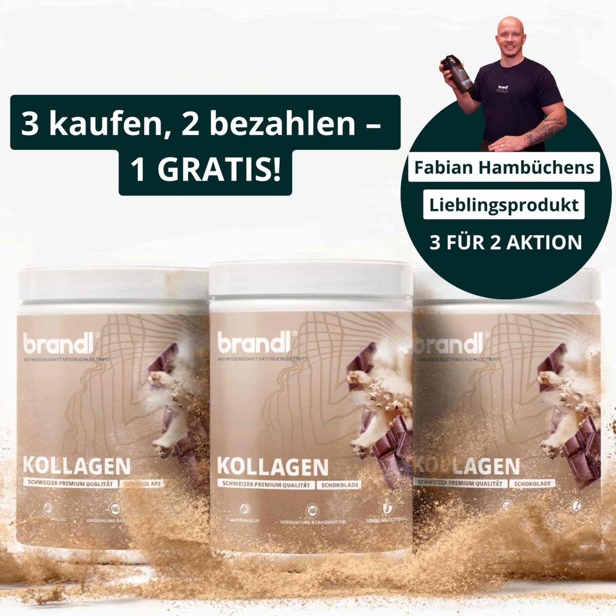 Drei zylindrische behälter brandl kollagen pulver schokoladengeschmack mit weißem deckel und beige etikett kollagen pulver angebot2