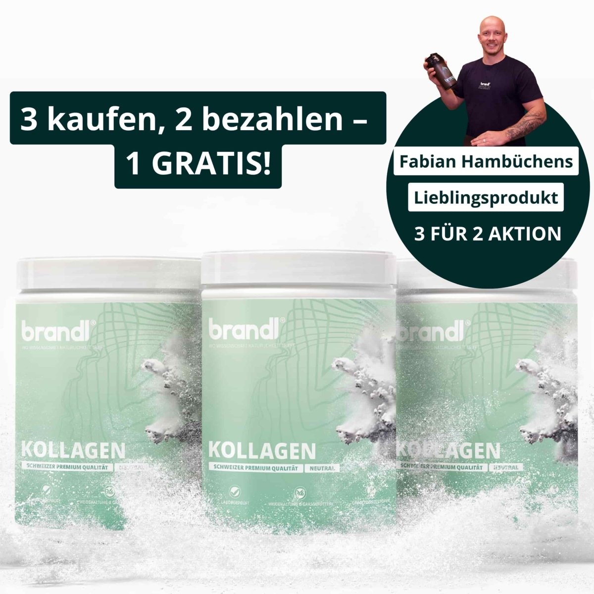 Drei grün-weiße brandl kollagen pulver behälter mit spritzdesign im angebot2 produktbild