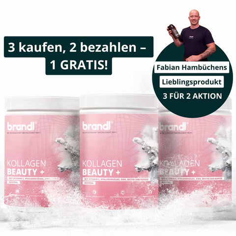 Rosa zylindrische container von brandl kollagen beauty+ kollagen pulver mit weißem deckel und silberner etikettangabe