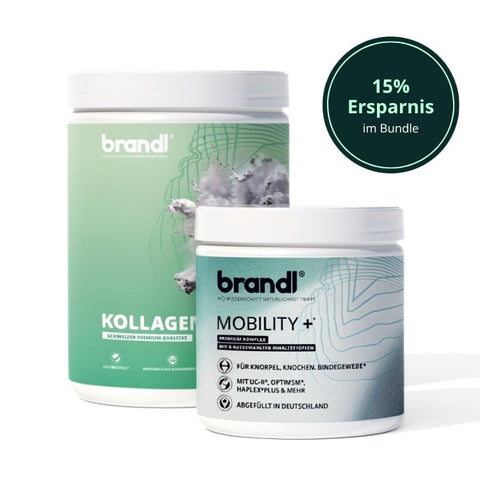 Zwei weiße dosen mit kollagen typ I II und III bundle von brandl mit grüner kollagen und blauer mobility+ etikett
