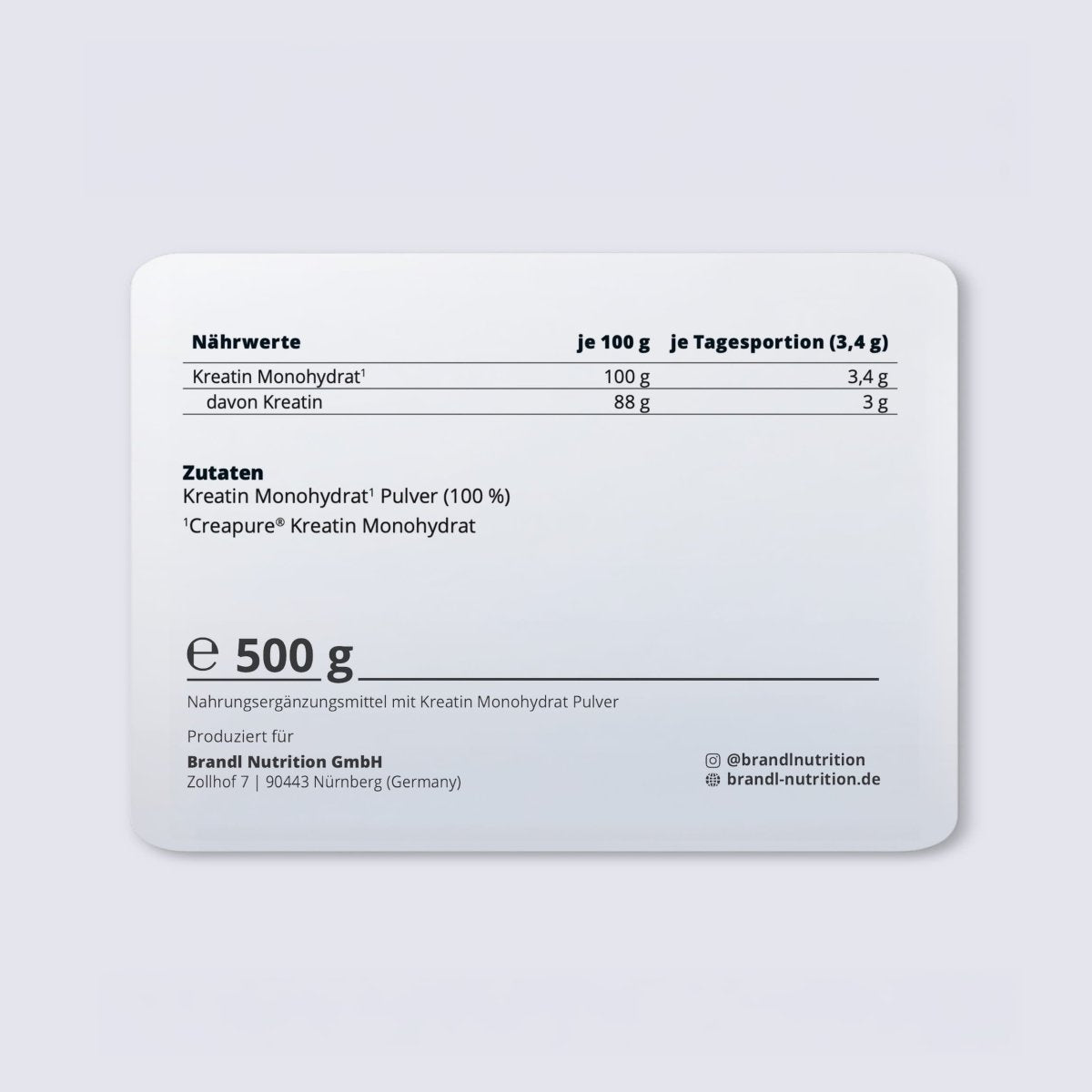 Weißer rechteckiger etikett für 500g creapure kreatin monohydrat pulver von brandl nutrition gmbh deutschland