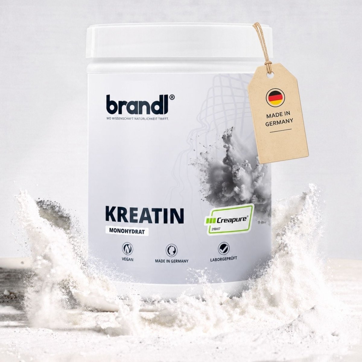 Weißer zylinderförmiger behälter kreatin monohydrat pulver mit minimalistischem etikett und grünem creapure logo