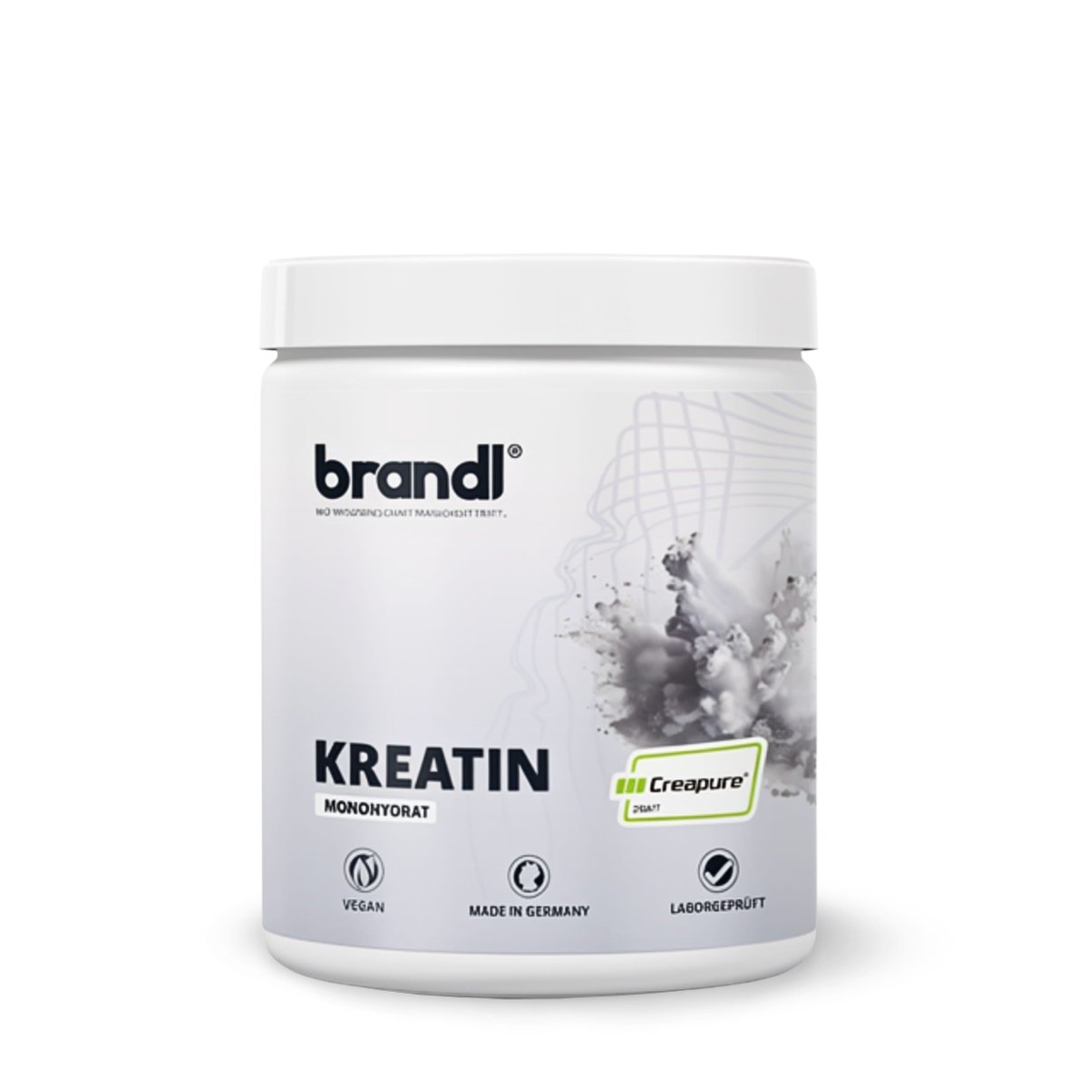 Weißer zylinderförmiger behälter mit brandl kreatin monohydrat pulver minimalistische etikette mit schwarzem text grauem grafik und creapure logo