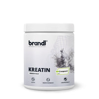 Weißer zylinderförmiger behälter mit brandl kreatin monohydrat pulver minimalistische etikette mit schwarzem text grauem grafik und creapure logo