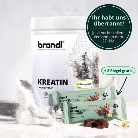 Weiß-zylindrischer behälter brandl kreatin monohydrat pulver mit grün schwarzen text und zwei hellgrün verpackten vanille schoko proteinriegeln