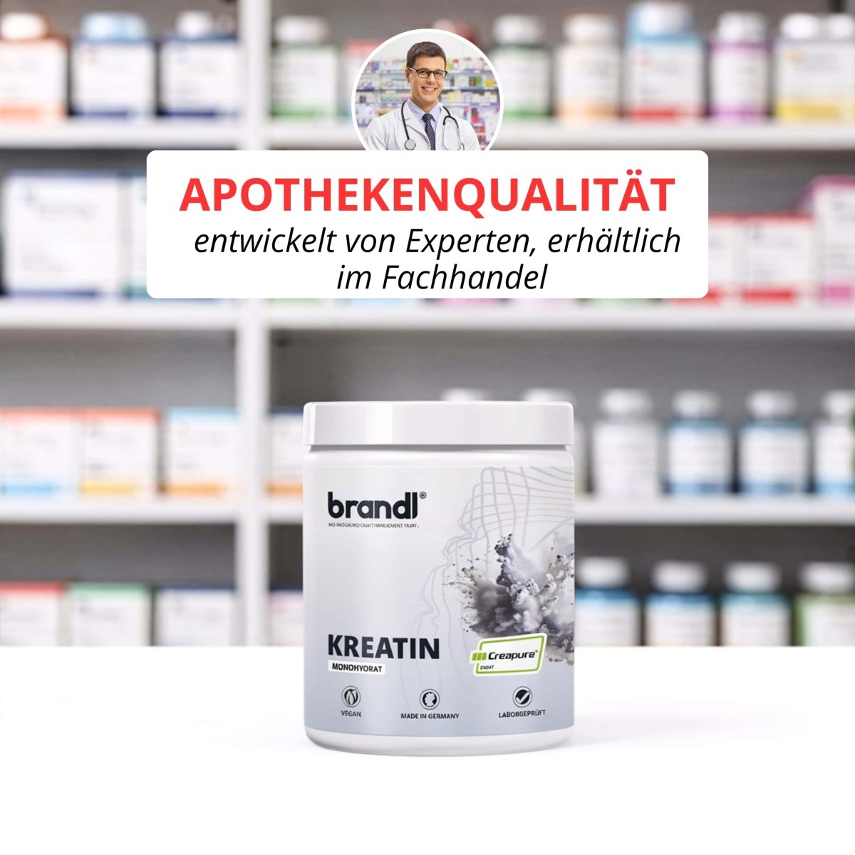 Weißes zylindrisches behältnis mit creatin monohydrat pulver von brandl mit grauem und weißem label und abstraktem splash-design