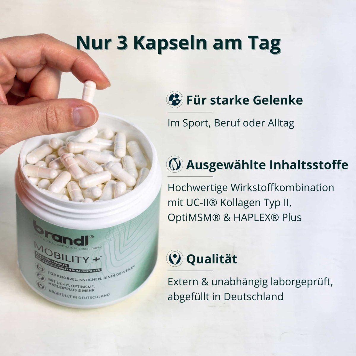 Weiße zylindrische dose brandi mobility plus gelenkgesundheitskapseln mit hellgrünem etikett kollagen typ 1 2 3 bundle