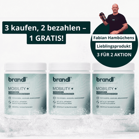 Drei weiße zylindrische behälter brandl mobility+ pulver mit grünem und schwarzem text für mobility + kapseln angebot