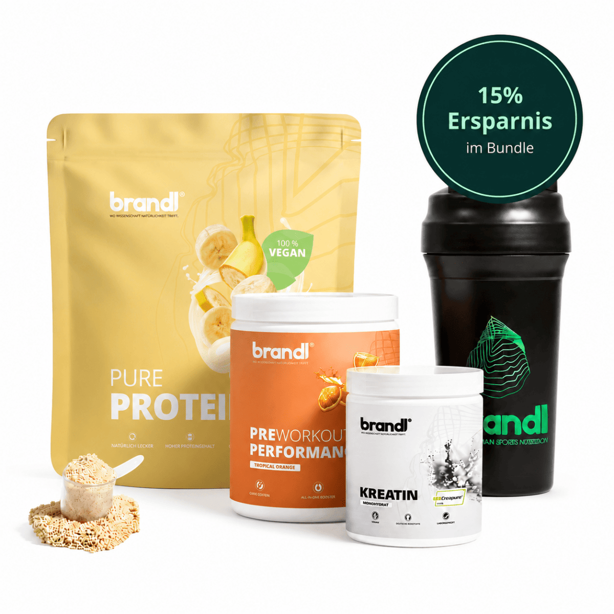 Muskelaufbau bundle vegan mit brandl pure protein in goldenem beutel mit bananenmotiv neben preworkout und creatin supplements