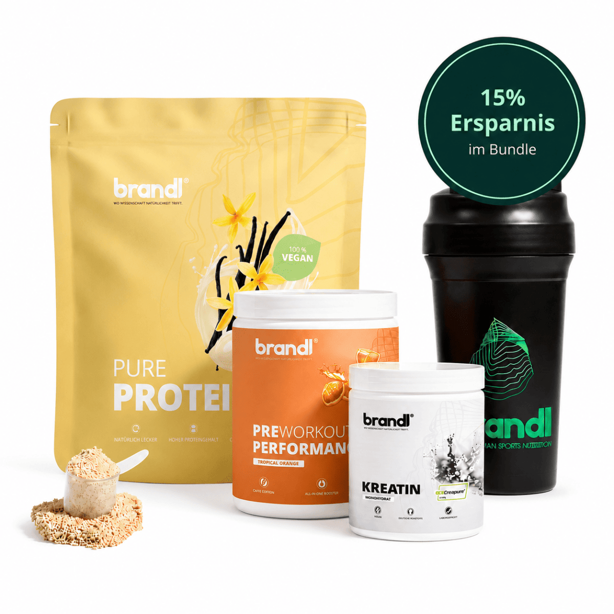 Gelbes vanilleproteinpulver in wiederverschließbarer packung mit schwarzen und weißen vanilleillustrationen muskelaufbau bundle vegan