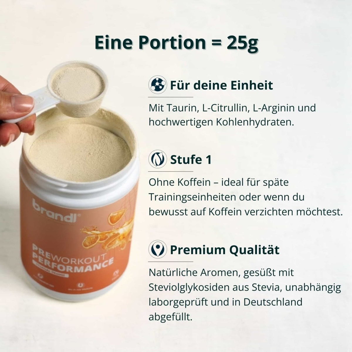 Ein zylindrischer orange-weißer container brandl preworkout performance pulver mit silbernem deckel und zitronenscheiben label im muskelaufbau bundle vegan