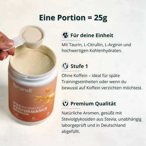 Ein zylindrischer orange-weißer container brandl preworkout performance pulver mit silbernem deckel und zitronenscheiben label im muskelaufbau bundle vegan