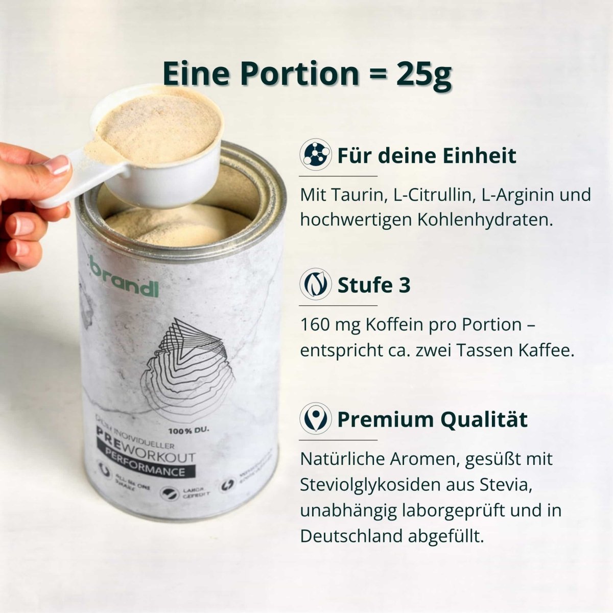 Weißer zylinderförmiger behälter brandl preworkout performance pulver mit messlöffel und hellbeigem inhalt muskelaufbau bundle xl