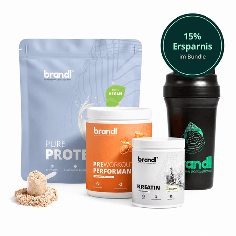 Schwarze shakerflasche mit grünem logo und text im muskelaufbau bundle vegan für vegane ernährung