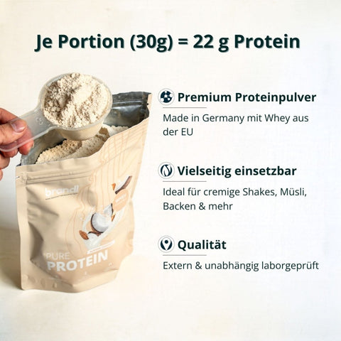 Beige pouch of brandl pure protein powder with coconut design premium whey protein made in germany muskelnaufbau bundle xl