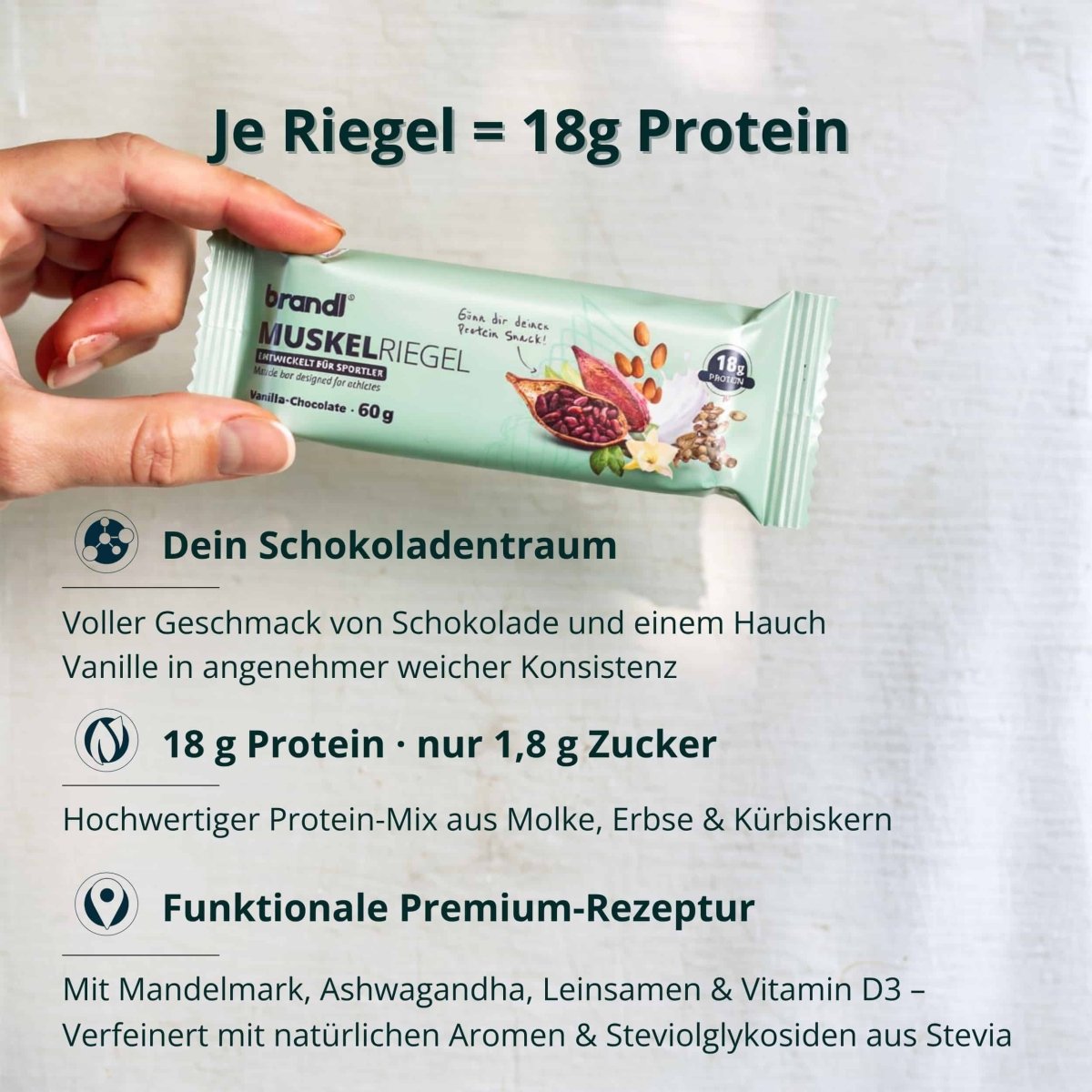 Ein hellgrüner, folie-verpackter brandi muskelriegel proteinriegel mit vanille-schokolade geschmack aus muskelaufbau bundle xl