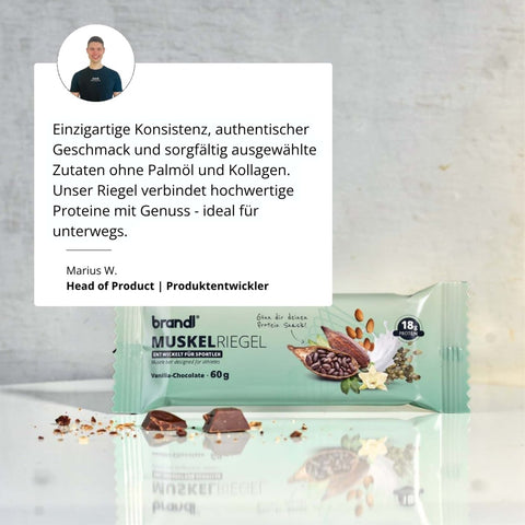Ein mintgrün verpackter brandi muskelriegel proteinriegel mit vanille-schoko geschmack und 18g protein
