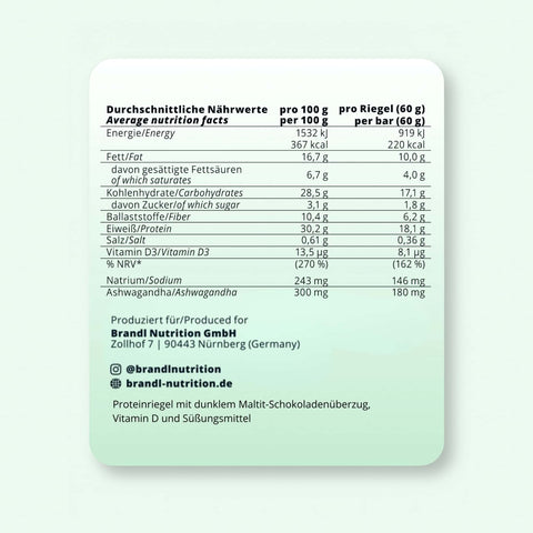 Rückseite eines muskelriegels mit einem hellgrünen etikett und detaillierten nahrwertangaben