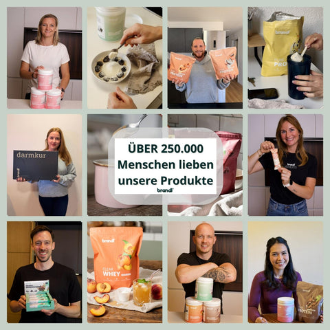 Collage aus Kundenfotos mit brandl Produkten – über 250.000 Menschen lieben unsere Produkte