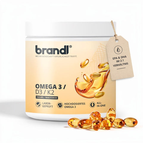 Brandl omega 3 d3 k2 supplement mit weißem deckel und beigem etikett mit goldenen fischölkapseln davor