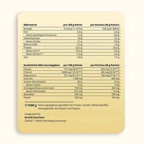 Beige rechteckiges nutrition label der rückseite von brandl nutrition protein powder post-workout vegan 2.0 mit makro- und mikronährstoffangaben per 100g