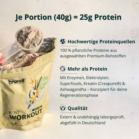 Beige vanilla post-workout vegan protein powder bag with clear scoop filled with light brown powder branded as brandl