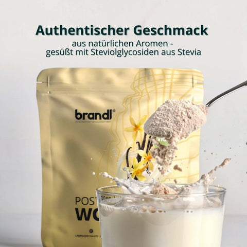 Goldene packung brandl post weizenpulver vanilla geschmack süß mit steviolglycosiden post workout vegan 2.0