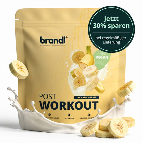 Brandl post workout vegan 2.0 in goldfarbener packung mit bananen- und milchmotiven für nach dem training