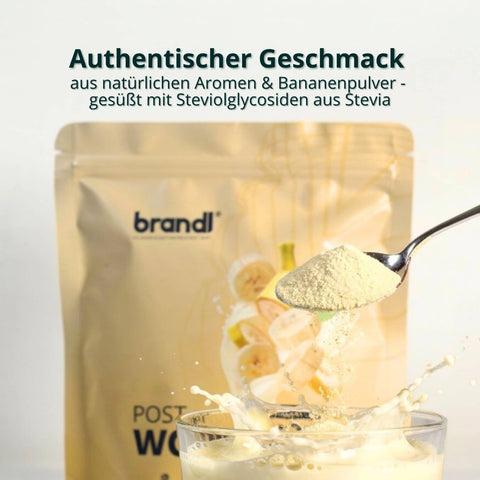 Brandli post workout vegan 2.0 pulver in beigem wiederverschließbarem beutel mit bananengeschmack und stevia gesüßt