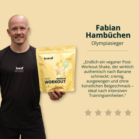 Gelber pouch der marke brandi post workout shake bananengeschmack aus der serie post workout vegan 2.0