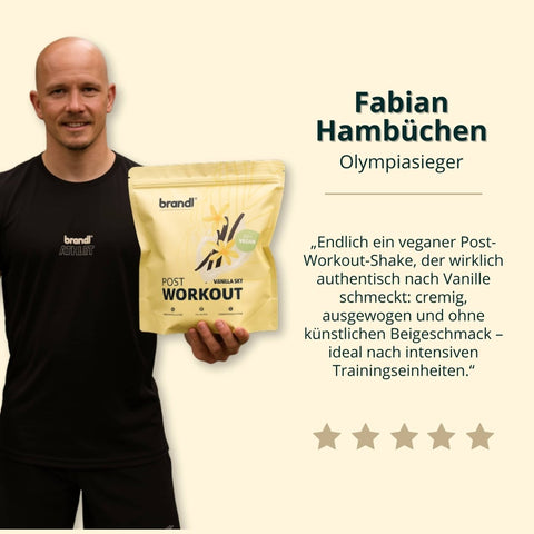 Gelbe pouch von brandi post-workout vegan 2.0 vanilla sky shake mit vanilleblüte und veganem label