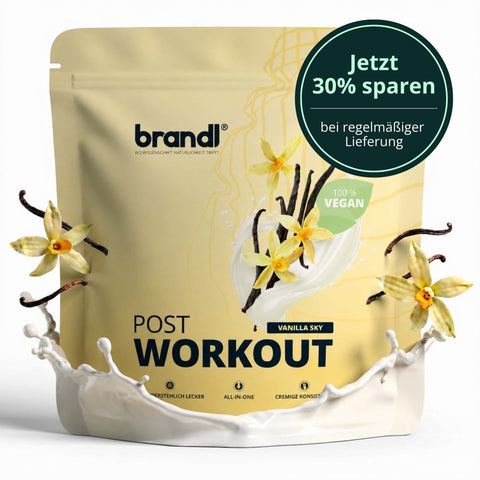 Brandl post workout vegan 2.0 vanilla sky cremiges veganes proteinpulver beige verpackung mit vanilleschote und blüte