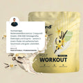 Vanilla sky post-workout vegan 2.0 pulver in goldweißem beutel mit vanilleschotenillustrationen