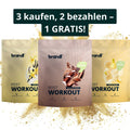 Drei Pouches Brandi Post-Workout Vegan 2.0 Pulver in den Geschmacksrichtungen Vanille, Chocolate Wonder und Banana Dream
