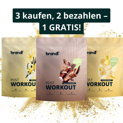 Drei Pouches Brandi Post-Workout Vegan 2.0 Pulver in den Geschmacksrichtungen Vanille, Chocolate Wonder und Banana Dream