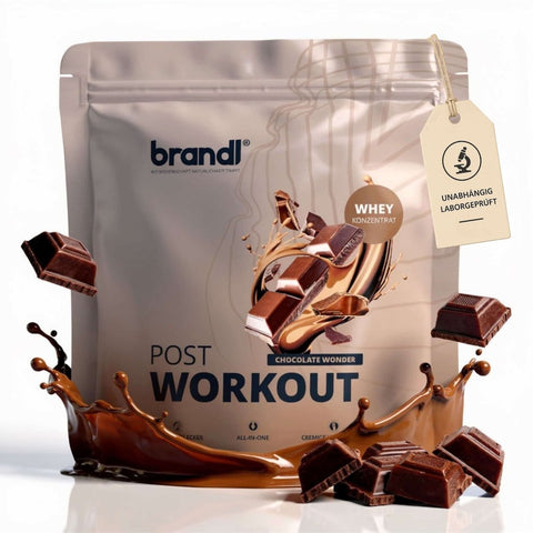 Brandl post-workout whey 2.0 schokoladenwunder proteinpulver in silberner tasche mit schokoriegel und spritzgrafik