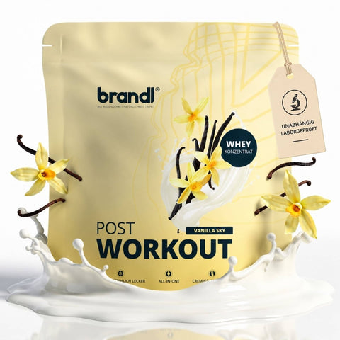 Post-workout whey 2.0 vanilla sky whey-konzentrat in beiger verpackung mit vanilleblüte und bohnenmotiven
