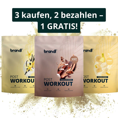 Drei pouches brandi post workout whey 2.0 whey-konzentrat in vanille schoko und banane geschmack