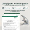 Weißer labor-mikroskop mit metallischen komponenten und grünem logo auf der basis im power bundle set