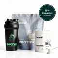 Schwarzer protein-shaker aus kunststoff mit grünem logo und text für den power bundle fitnessbedarf