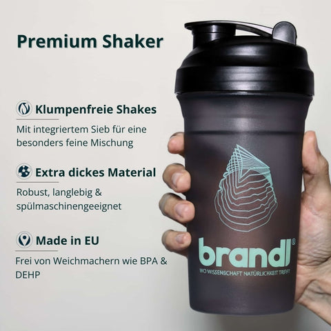 Schwarzer transparenter plastikshaker mit schwarzem deckel und teal logo der marke brandl premium-shaker