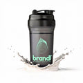 Premium-shaker schwarzer plastik-shaker mit schwarzem deckel und mintgrünem logo und text